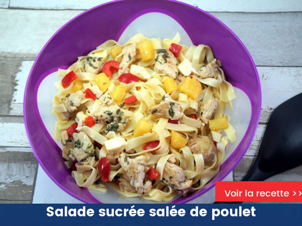Salade sucrée salée poulet mariné menthe citron, ananas et poivrons rouges